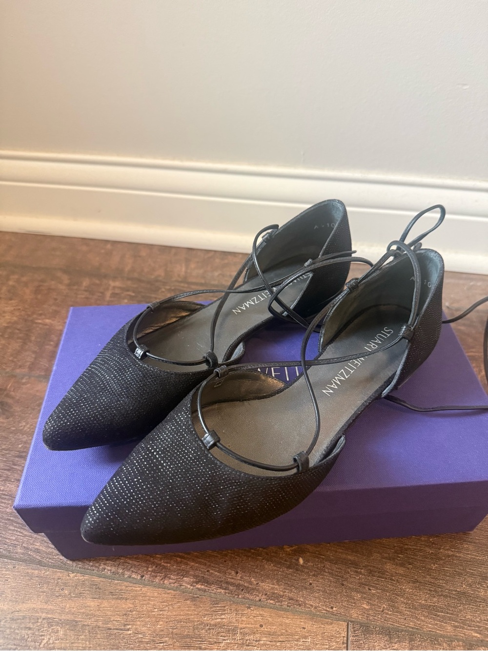 Stuart Weitzman Black Pointed Lace-Up Flats with sole protector
